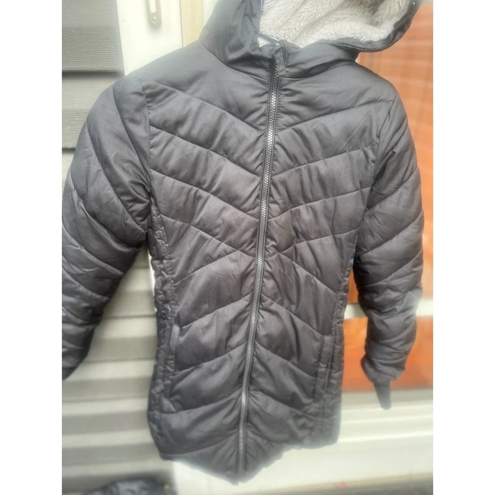 Lands End Girls Black Puffer Jacket Faux Fur Hooded Winter Coat Size M 10-12